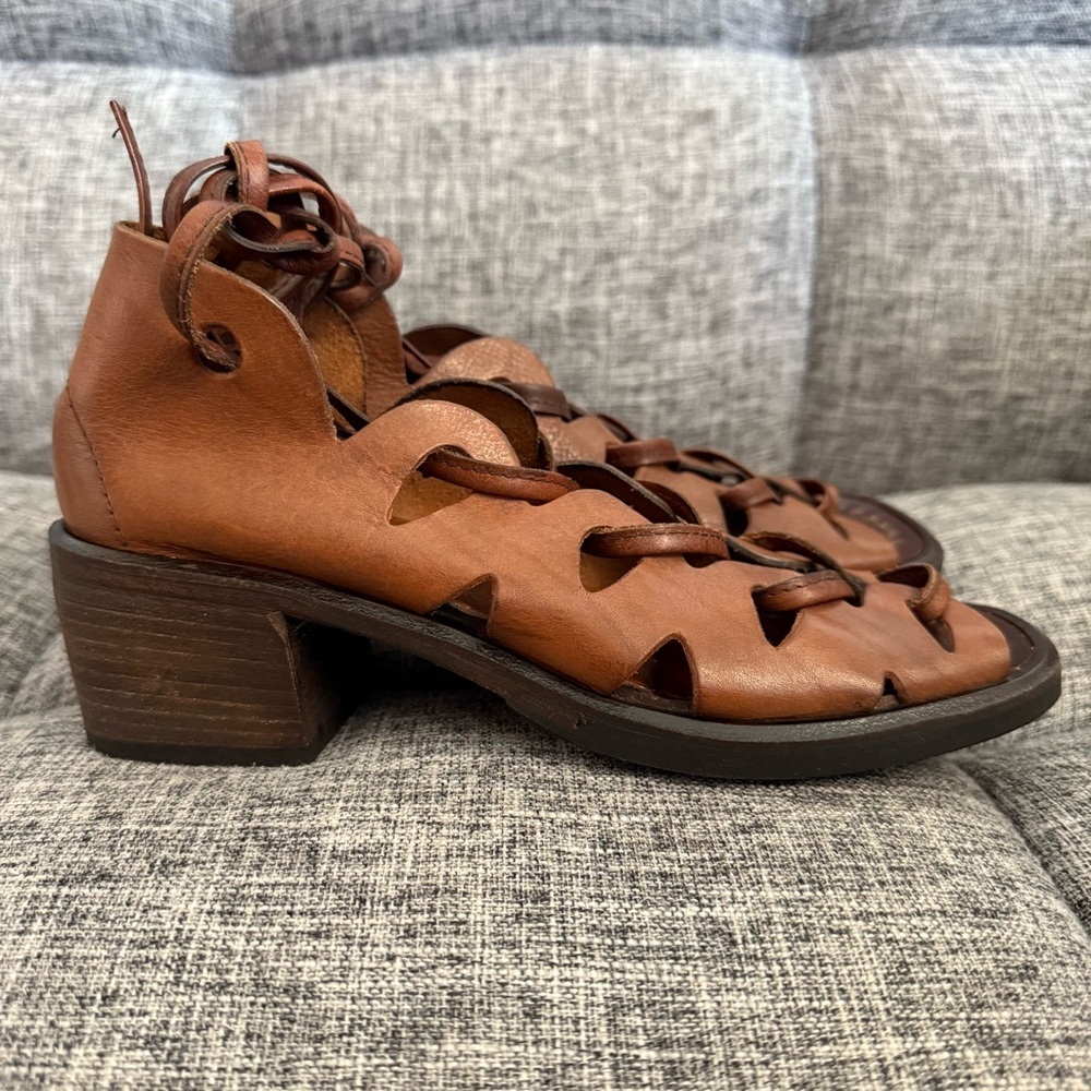 Aketohn Brown Leather Lace Up Gladiator Sandals Stacked Chunky Heel Size 37 - Picture 2 of 14